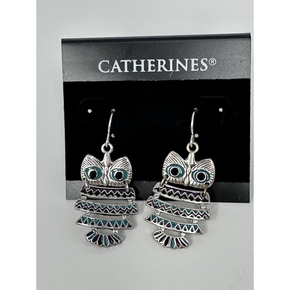Catherines Owl Dangle Earrings Silver Tone Green & Purple Enamel Fish Hook Boho - Picture 2 of 6